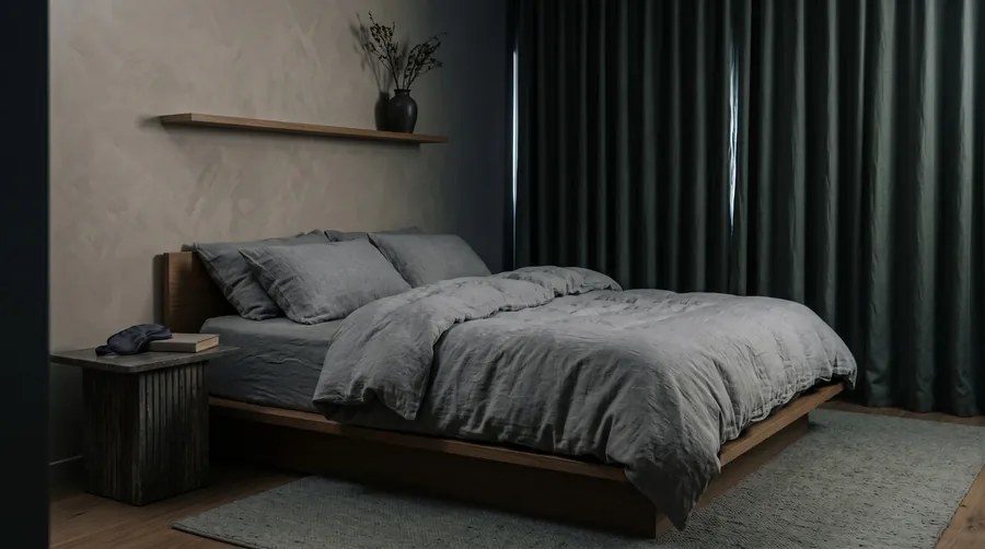 Dunkles Schlafzimmer mit Leinenbett und Verdunklungsvorhängen bei Nacht