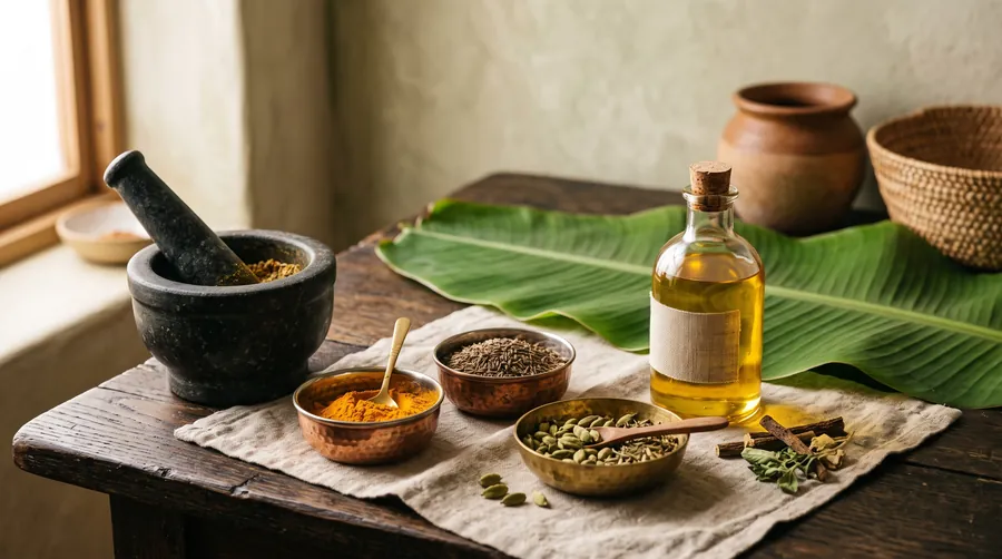 Kupferschalen mit ayurvedischen Gewürzen, Kräutern und Sesamöl