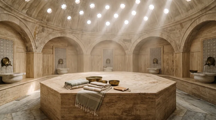 Marmorner Hammam, in dem Lichtstrahlen aus einer Kuppel durch den Dampf fallen