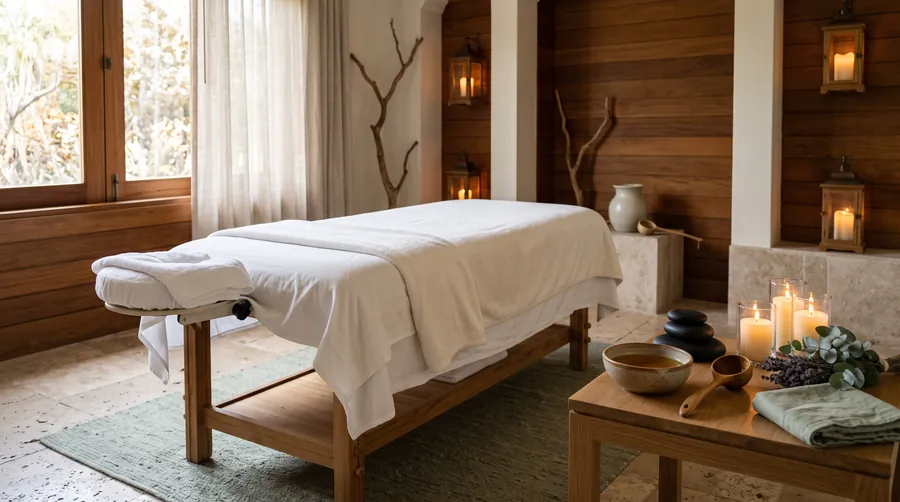 Massageraum mit leinenbezogener Liege, Öl und Kerzen