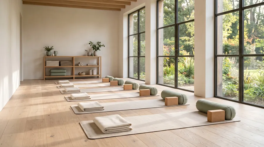 Leeres Yogastudio mit Matten, Blöcken und Bolstern im Morgenlicht