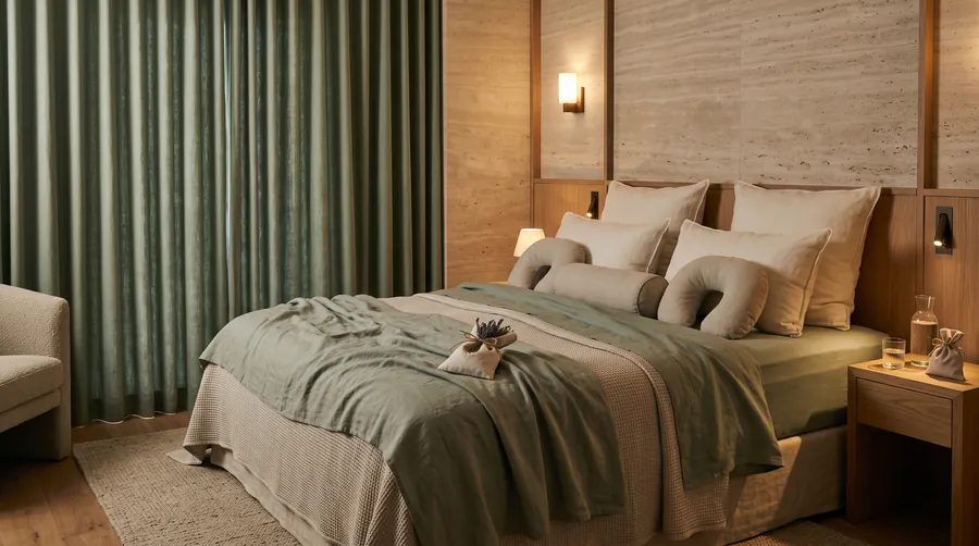 Hotelbett mit einer Auswahl an Kissen und einem Lavendelsäckchen auf der aufgeschlagenen Decke