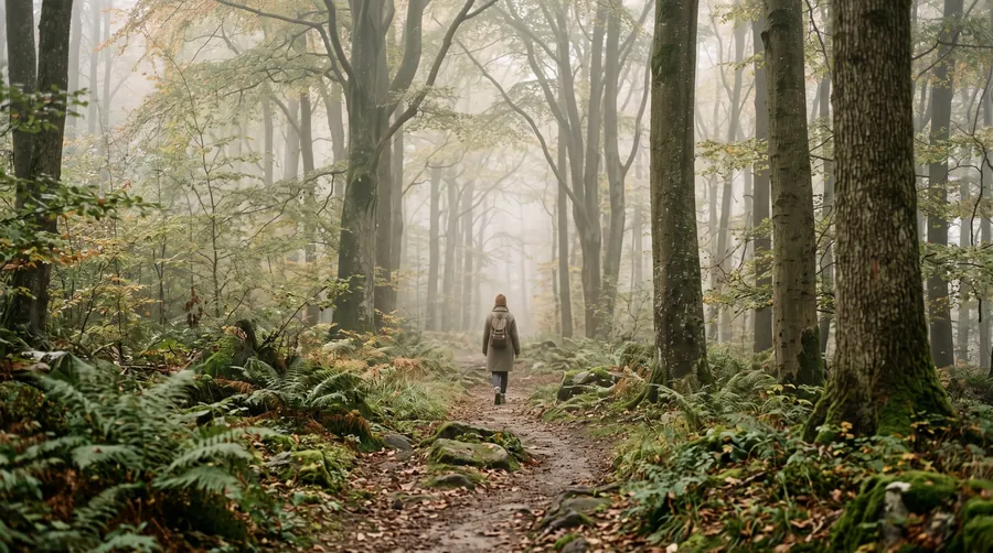 Nebliger Buchenwald mit Pfad und moosbedeckten Steinen