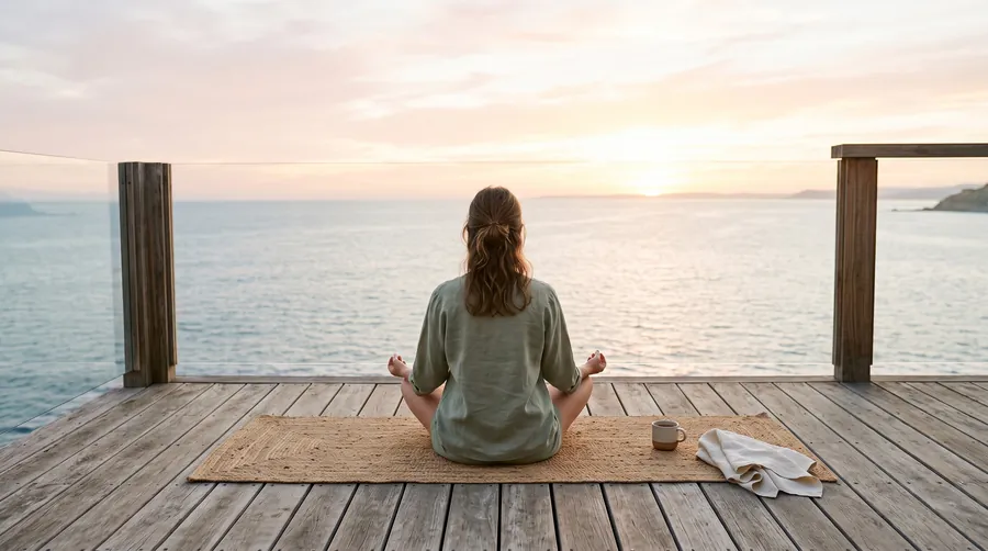 Yoga auf einer Teakholzterrasse über dem Meer bei Sonnenaufgang